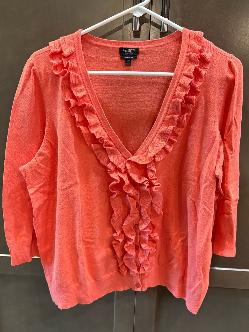 Talbots Coral Ruffle V-neck 3/4 Sleeves Cardigan, 2XP